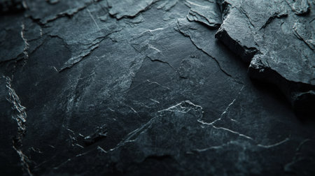 This image showcases a dark, textured stone surface featuring layers and cracks. The intricate details and natural imperfections create a striking abstract composition ideal for various design projects.の素材