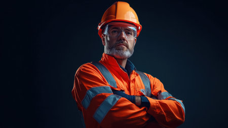 A confident male construction worker poses against a dark backdrop, wearing safety gear. His serious expression and bright attire highlight the importance of safety in the construction industry.の素材