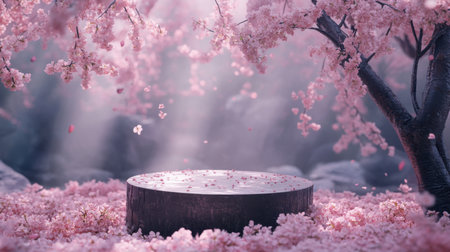 A tranquil scene featuring a wooden platform surrounded by blooming cherry blossoms, soft sunlight filtering through, creating a peaceful setting ideal for meditation and relaxation.の素材