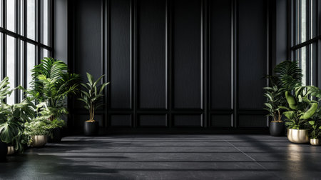 A stunning modern interior showcasing lush green plants against a dark wall. The space features natural light and shadows, creating a serene atmosphere.の素材