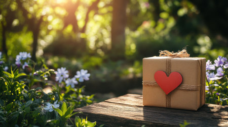 A charming gift box adorned with a heart sits on a rustic wooden surface, surrounded by vibrant flowers and bathed in warm sunlight, evoking love and nature's beauty.の素材