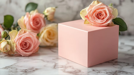 A beautiful pink box adorned with fresh roses creates a stunning visual on a marble surface, perfect for gifts, decor, or floral arrangements.の素材