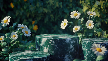 Stunning view of green marble pillars embraced by vibrant white daisies, creating a tranquil garden atmosphere filled with natural beauty and aesthetic appeal.の素材
