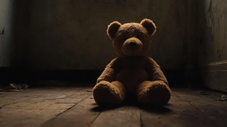 A lonely teddy bear sits silently on a weathered wooden floor in a dimly lit room, evoking feelings of nostalgia and abandonment. The soft texture invites memories of childhood innocence.の素材