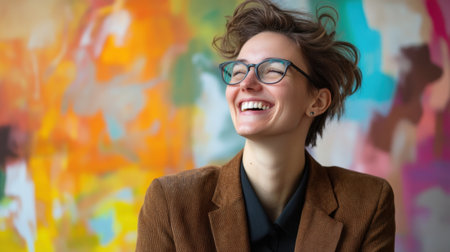 A cheerful person smiles with bright glasses in front of a vibrant, abstract background. The image captures joy and confidence, perfect for conveying positivity and creativity.の素材