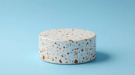 This image features a round pedestal with a colorful speckled texture set against a solid blue background, ideal for showcasing products or creative designs.の素材
