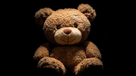 A charming brown teddy bear sits against a black background, radiating warmth and nostalgia. This adorable plush toy symbolizes childhood innocence and comfort.の素材