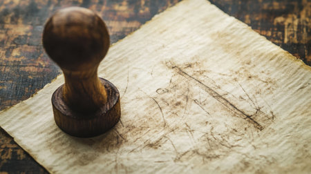 Rustic wooden stamp resting on aged paper creates a vintage feel, showcasing artistic details and textures that highlight craftsmanship and nostalgia.の素材