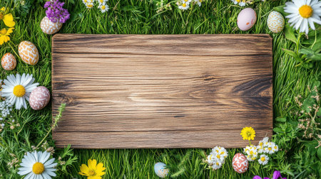 A serene scene featuring a wooden plank surrounded by colorful Easter eggs and vibrant spring flowers, capturing the essence of seasonal celebration and renewal.の素材