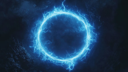 This striking image features a vibrant electric blue lightning circle against a dark background, creating an intriguing visual effect. Perfect for themes of energy and power.の素材