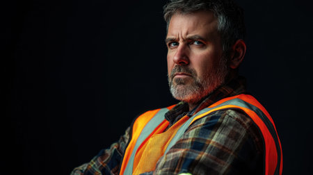 Confident man in a safety vest poses against a dark background. His serious expression and rugged look convey professionalism and determination in the workplace.の素材