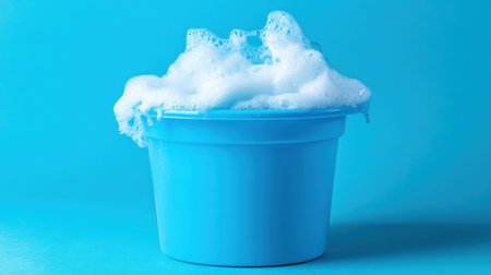 A bright blue plastic bucket overflowing with white bubbles and foam against a vibrant blue background, emphasizing cleanliness and freshness.の素材