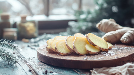 Freshly sliced ginger root rests on a wooden cutting board, surrounded by herbs and spices. This vibrant scene captures the essence of cooking and natural wellness.の素材