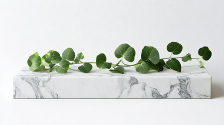 A captivating arrangement of fresh green leaves on a sleek marble surface, perfect for enhancing interior design and lifestyle content with a natural touch.の素材