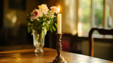 A soft candle illuminates a cozy indoor scene featuring fresh flowers in a vase, creating a warm and inviting atmosphere ideal for relaxation.の素材
