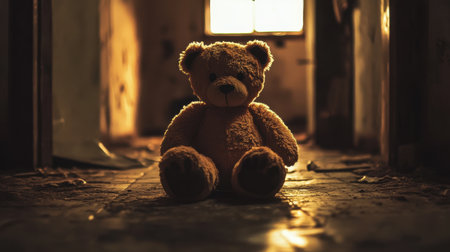 A lonely teddy bear sits in an abandoned room, illuminated by warm backlight. The soft texture contrasts with the decay around, evoking nostalgia and solitude.の素材