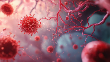 This digital illustration showcases a close-up view of virus cells interacting with neurons, set against a vibrant abstract background, highlighting biological and medical themes.の素材