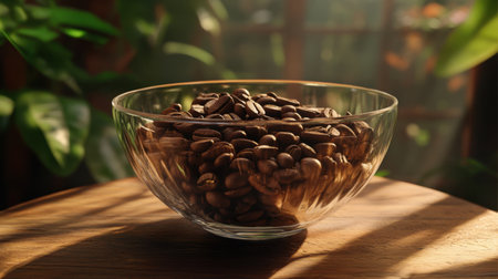 A clear bowl filled with fresh coffee beans sits on a wooden table bathed in soft sunlight, surrounded by lush greenery, creating a warm and inviting atmosphere.の素材