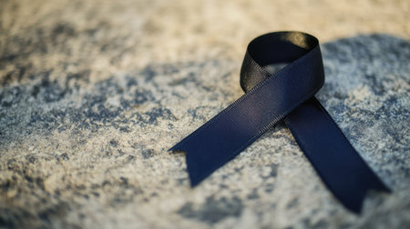 A black ribbon rests gently on a textured surface, representing remembrance and awareness. This powerful symbol evokes emotions of loss and support, perfect for conveying heartfelt messages.の素材