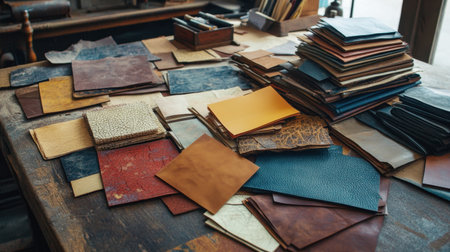 A vibrant collection of textured leather pieces spread across a rustic wooden table, showcasing various colors and designs ideal for crafting and artistic projects.の素材