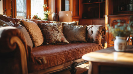 A cozy living room scene showcasing an elegant couch adorned with decorative cushions. Soft sunlight fills the space, enhancing the inviting atmosphere.の素材