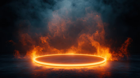 A glowing orange circle surrounded by vibrant flames and dark smoke creates an ethereal atmosphere. This image captures the essence of magic and mystery.の素材