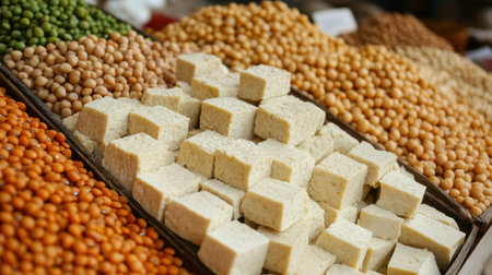 A vibrant display of fresh tofu cubes alongside an array of colorful beans showcases healthy ingredients perfect for nutritious meals and creative recipes.の素材