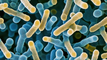 This detailed microscopic image showcases colorful bacteria in blue and yellow hues, highlighting their unique structures and intricate patterns. Ideal for educational and scientific projects.の素材