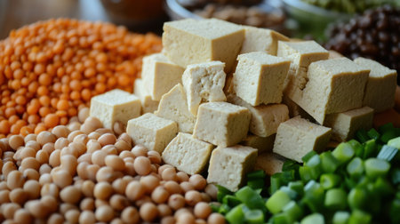 A vibrant assortment of fresh ingredients featuring tofu, various legumes, and vegetables. Perfect for illustrating healthy cooking and nutritious meal options.の素材