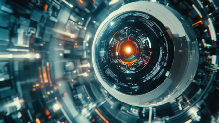 Discover a captivating futuristic cybernetic eye design with intricate circuitry and vibrant energy. Ideal for projects related to technology and innovation.の素材