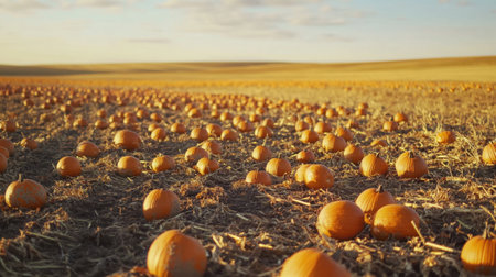 A picturesque view of a pumpkin field illuminated by warm sunlight during the harvest season. The scene captures the essence of rural agriculture and seasonal beauty.の素材