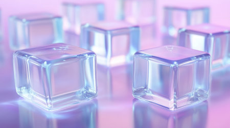 Stunning arrangement of transparent ice cubes reflecting light in vibrant blue and purple tones. Perfect for illustrating freshness and coolness in beverages.の素材