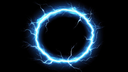 This stunning image features a vibrant electric circle surrounded by blue lightning on a black background, perfect for conveying energy and power in your designs.の素材
