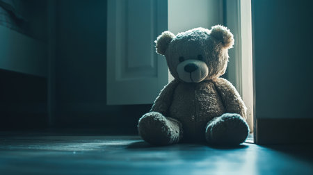 A soft teddy bear sits alone on the floor of a dimly lit room. The open door invites a subtle light, creating a nostalgic atmosphere that evokes feelings of childhood innocence and comfort.の素材