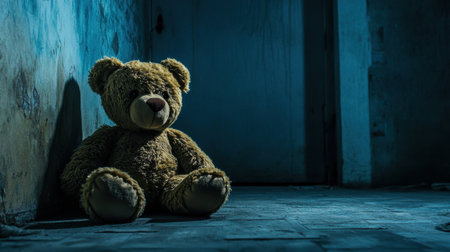 An abandoned teddy bear sits against a wall in a dark room, evoking feelings of nostalgia and loneliness. The soft toy captures a haunting, eerie atmosphere.の素材