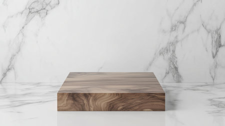 A minimalist wooden surface set against a white marble background, perfect for showcasing products or enhancing stylish decor in photography.の素材