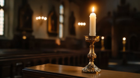 A beautifully lit candle atop an ornate holder creates a serene atmosphere within a tranquil church interior, inviting reflection and peace.の素材