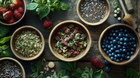A collection of fresh herbs, fruits, and dried flowers displayed in rustic wooden bowls on a dark wooden table. Perfect for culinary inspiration.の素材