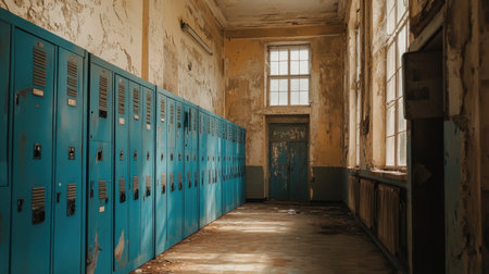 This striking image showcases an abandoned school hallway featuring weathered blue lockers and decaying walls, evoking nostalgia and solitude.の素材