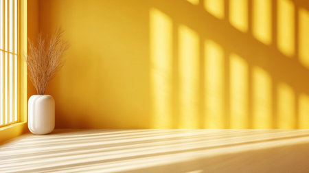 A minimalist interior showcasing a bright yellow wall, adorned with a decorative vase. Sunlight casts long shadows, creating a serene and warm atmosphere.の素材