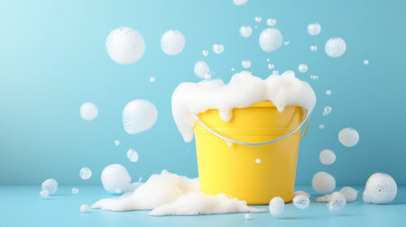 A vibrant yellow bucket overflowing with bubbles and foam creates a cheerful and playful scene against a blue background, evoking fun and cleanliness.の素材