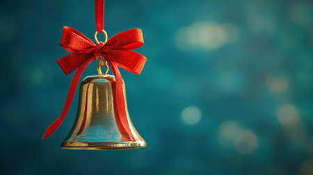 A beautiful gold bell adorned with a red ribbon hangs against a soft blue background. The shimmering surface reflects light, adding a festive touch perfect for the holiday season.の素材