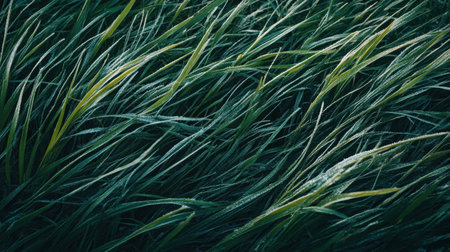 Close-up view of lush green grass highlighted by morning dew, showcasing the beauty of nature. This serene image captures the tranquility of the outdoors.の素材