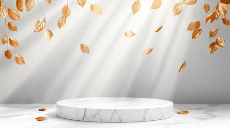 A serene scene featuring golden leaves drifting down, highlighting a circular marble platform. Ideal for design projects, showcasing elegance and tranquility.の素材