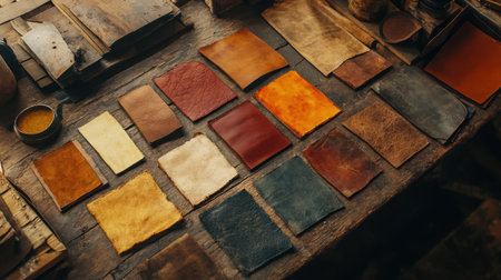A colorful collection of leather swatches displayed on a rustic wooden table showcases various textures and colors, perfect for design and craft purposes.の素材