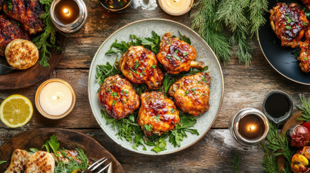 A beautifully arranged plate featuring grilled chicken thighs garnished with herbs, surrounded by candles and fresh sides on a rustic wooden table.の素材