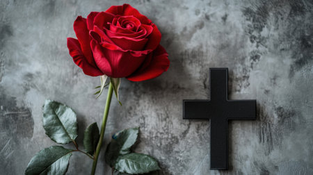 A stunning red rose with lush green leaves placed beside a black cross on a textured gray background, symbolizing love and remembrance.の素材