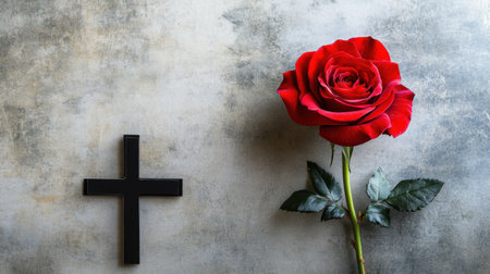 A striking composition featuring a vibrant red rose alongside a black cross on a textured gray backdrop. This image encapsulates themes of love, faith, and spirituality.の素材