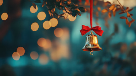 This elegant Christmas bell, adorned with a vibrant red ribbon, hangs gracefully amidst soft bokeh lights, creating a warm festive atmosphere perfect for the holiday season.の素材