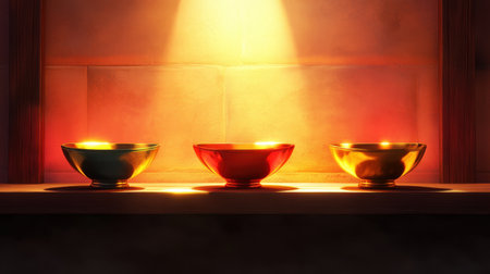 Three colorful bowls featuring a warm glow from soft lighting create an inviting atmosphere. Perfect for showcasing elegance and artistry in home decor.の素材
